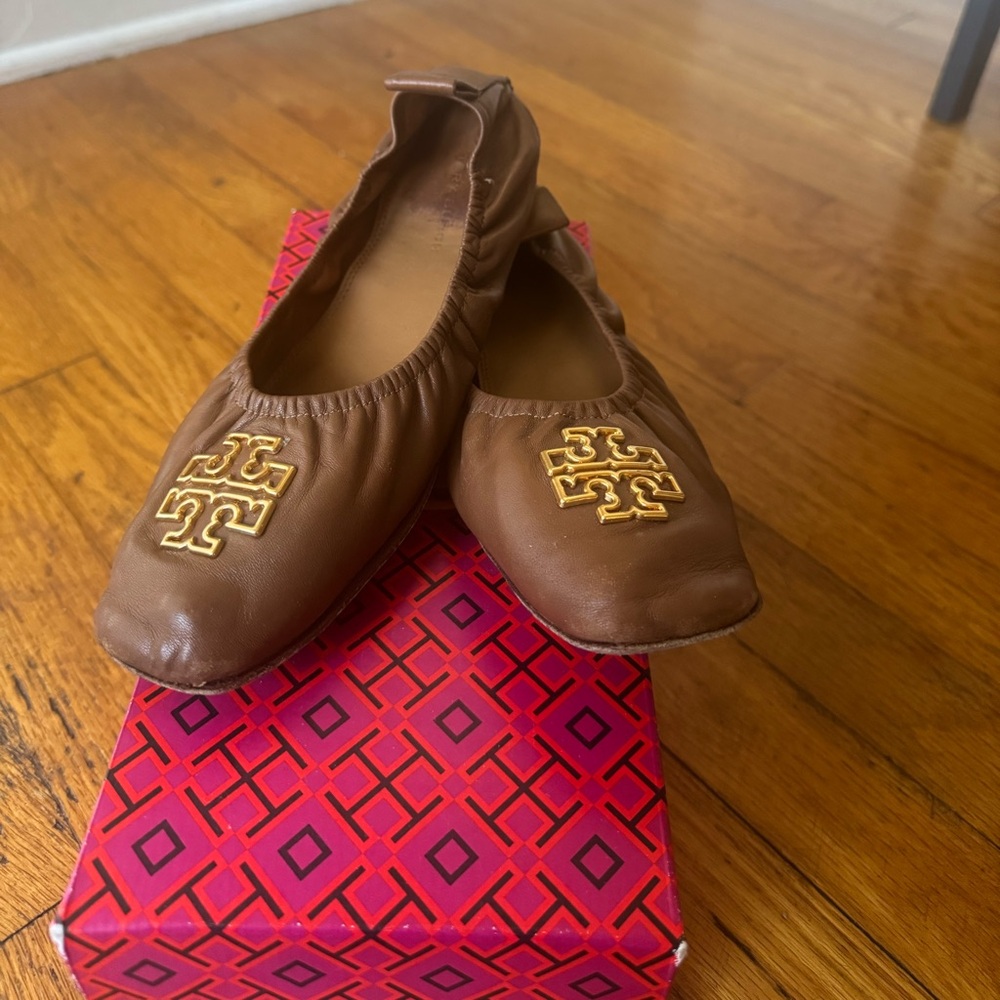 Tory Burch Brown Flats with Gold Emblem